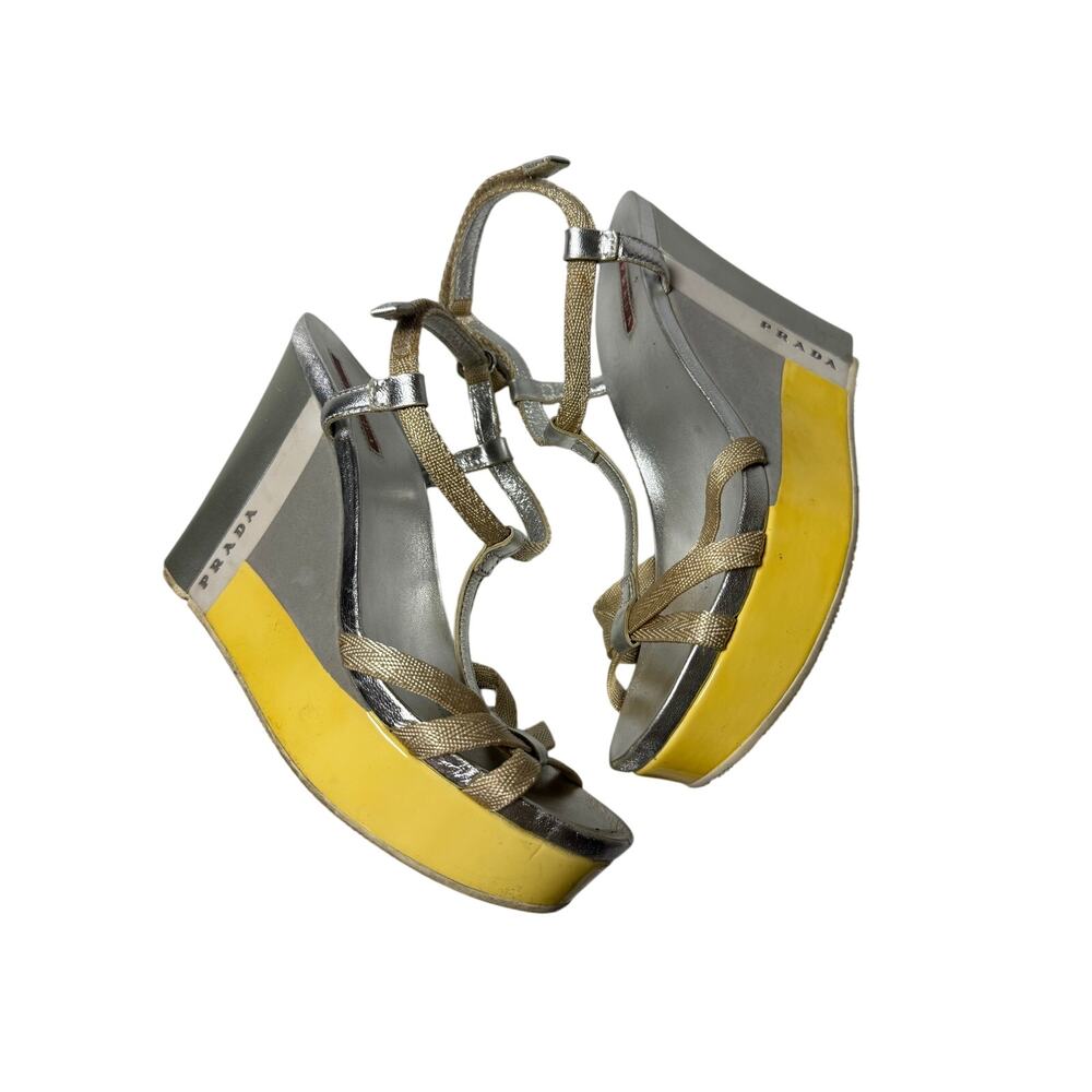 Vintage Y2K Prada Silver Platform Wedge Sandals 38 READ